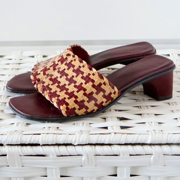 Hand Crafted Shoes - Handcrafted Burgundy Raffia Block Heel Mule Sandals Woven Boho Summer Shoes 7